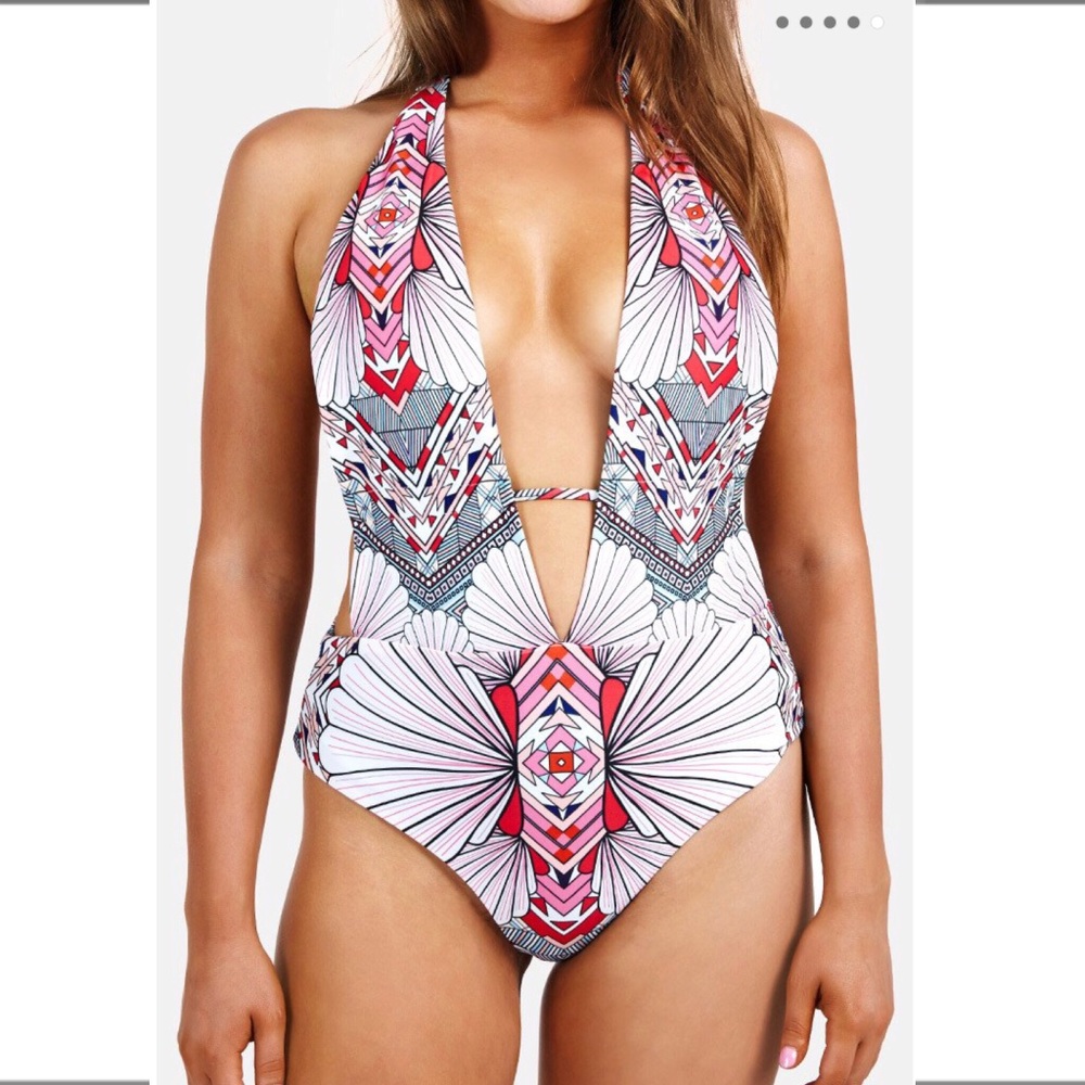 CupShe Geometric Floral One Piece Deep V Swimsuit